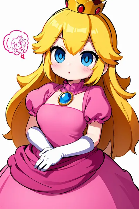 (masterpiece, best quality), 1girl, <lora:princesspeach-lora-nochekaiser:1> princess peach, blonde hair, blue eyes, long hair, crown, dress, gem, gloves, pink dress, puffy short sleeves, puffy sleeves, short sleeves, white gloves,