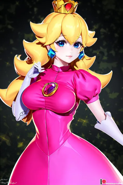 (masterpiece, best quality), 1girl,   black outline, <lora:princesspeach-lora-nochekaiser:1> princess peach, smiling, blonde hair, blue eyes, long hair, crown, dress, gem, gloves, pink dress, puffy short sleeves, puffy sleeves, short sleeves, white gloves,