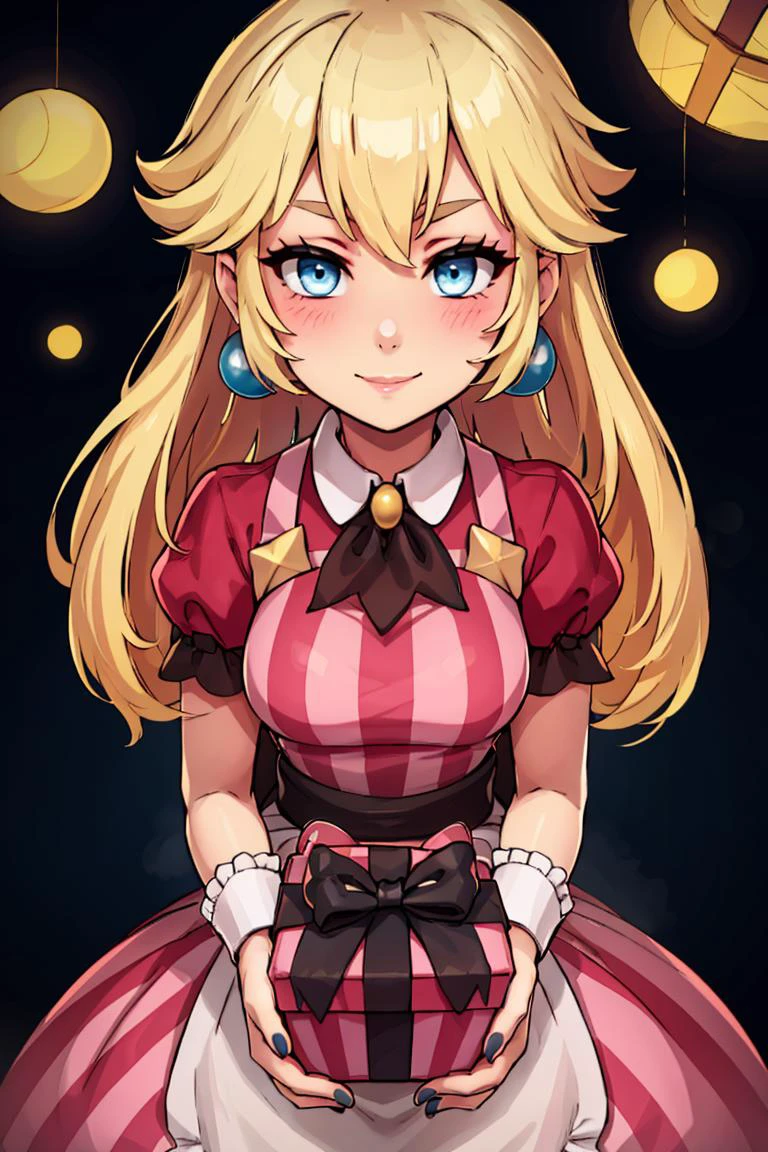 (masterpiece, best quality:1.2), solo, beautiful eyes, <lora:Palentines_2022:0.6>, smile, looking at viewer, <lora:princesspeach-lora-nochekaiser:1>, princess peach, blonde hair, blue eyes, blush, box, closed mouth, commentary request, creatures (company), dress, earrings, eyelashes, game freak, gift, gift box, holding, holding gift, jewelry, looking at viewer, nail polish, nintendo, pink dress, red shirt, shirt, short sleeves, waist apron, wrist cuffs