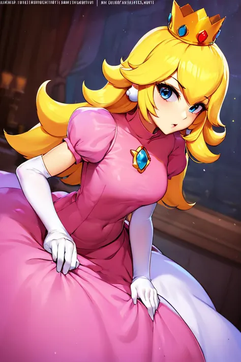 <lora:twistedscarlett60_style:0.8>,(masterpiece, best quality), 1girl, <lora:princesspeach-lora-nochekaiser:1> princess peach, blonde hair, blue eyes, long hair, crown, dress, gem, gloves, pink dress, puffy short sleeves, puffy sleeves, short sleeves, white gloves,