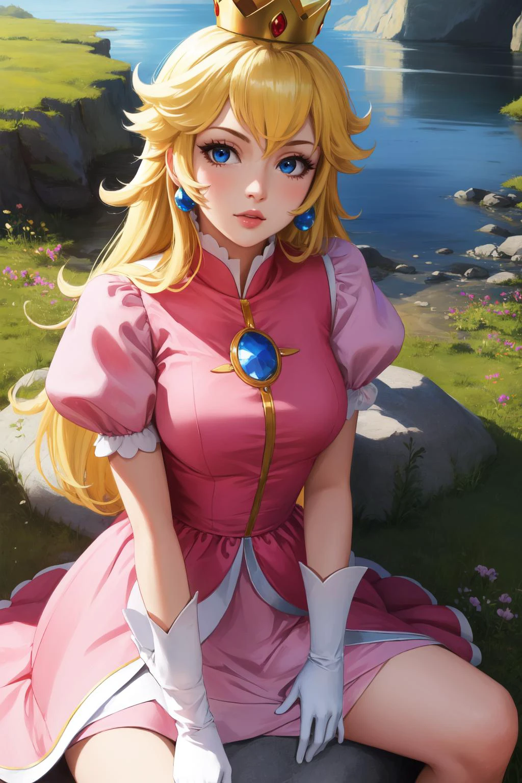 (masterpiece, best quality), intricate details,
1girl, <lora:princesspeach-lora-nochekaiser:0.8> princess peach, blonde hair, blue eyes, long hair,, crown, dress, gem, gloves, pink dress, puffy short sleeves, puffy sleeves, short sleeves, white gloves,
sitting, outdoors, sitting on rock, grass,
