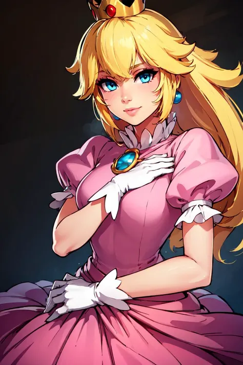 (masterpiece, best quality), 1girl, <lora:princesspeach-lora-nochekaiser:1> princess peach, blonde hair, blue eyes, smile, long hair, crown, dress, gem, gloves, pink dress, puffy short sleeves, puffy sleeves, short sleeves, white gloves,