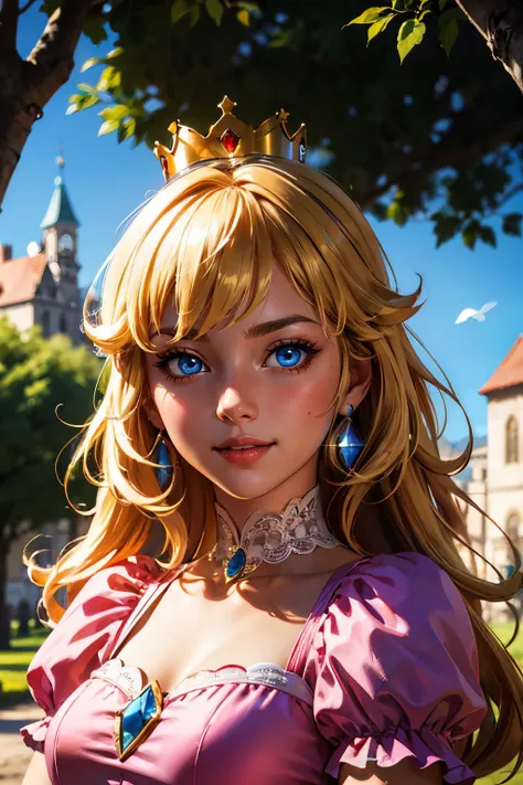 princess peach, blue eyes, long blonde hair, earrings, crown,wearing a pink dress, gem, puffy short sleeves, elbow gloves, looking at viewer, smiling, portrait, 
outside, castle courtyard, under tree,  blue sky, extreme detail, masterpiece,  <lora:princesspeach-lora-nochekaiser:.7>
