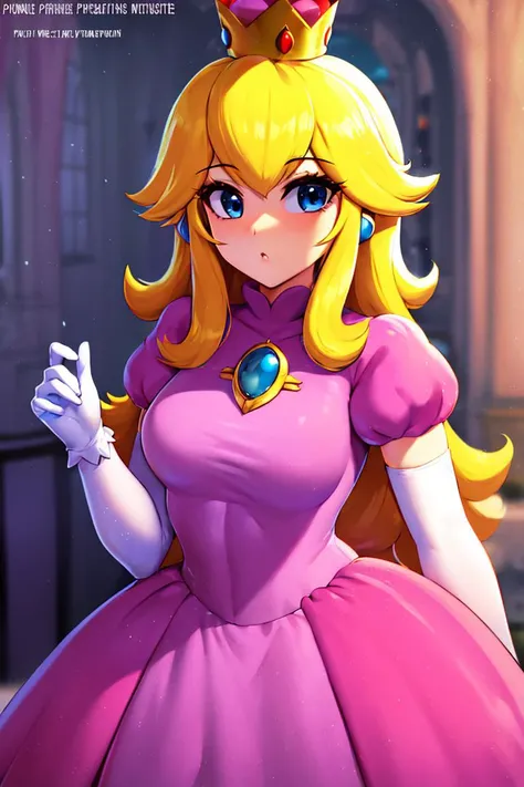 <lora:twistedscarlett60_style:0.8>,(masterpiece, best quality), 1girl, <lora:princesspeach-lora-nochekaiser:1> princess peach, blonde hair, blue eyes, long hair, crown, dress, gem, gloves, pink dress, puffy short sleeves, puffy sleeves, short sleeves, white gloves,