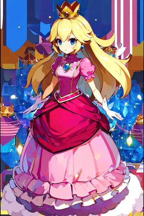 <lora:Harada_Takehito_Background_Dim32:0.8>, (masterpiece, best quality), 1girl, <lora:princesspeach-lora-nochekaiser:1> princess peach, blonde hair, blue eyes, long hair, crown, dress, gem, gloves, pink dress, puffy short sleeves, puffy sleeves, short sleeves, white gloves,