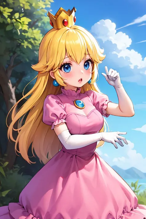 (masterpiece, best quality), 1girl, <lora:princesspeach-lora-nochekaiser:1> princess peach, blonde hair, blue eyes, long hair, crown, dress, gem, gloves, pink dress, puffy short sleeves, puffy sleeves, short sleeves, white gloves,