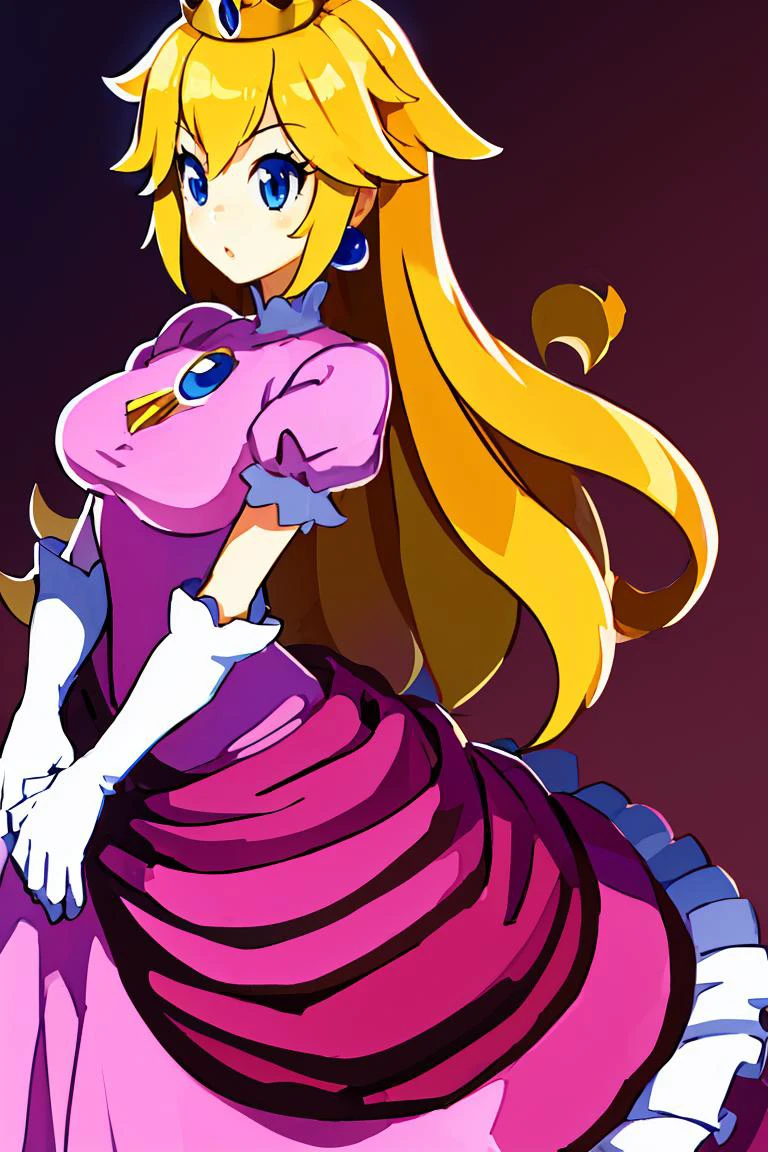 (masterpiece, best quality), 1girl, <lora:princesspeach-lora-nochekaiser:1> princess peach, blonde hair, blue eyes, long hair, crown, dress, gem, gloves, pink dress, puffy short sleeves, puffy sleeves, short sleeves, white gloves,