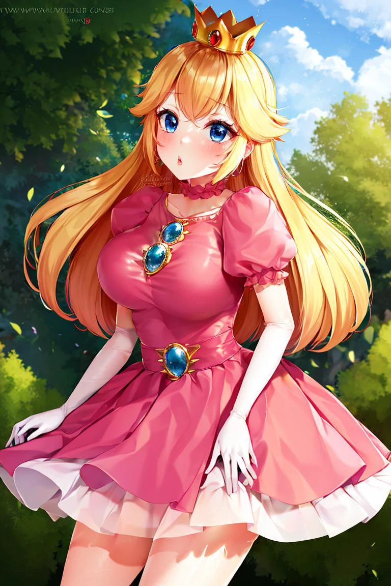 <lora:Puppypaww_Style:0.8>, (masterpiece, best quality), 1girl, <lora:princesspeach-lora-nochekaiser:1> princess peach, blonde hair, blue eyes, long hair, crown, dress, gem, gloves, pink dress, puffy short sleeves, puffy sleeves, short sleeves, white gloves,