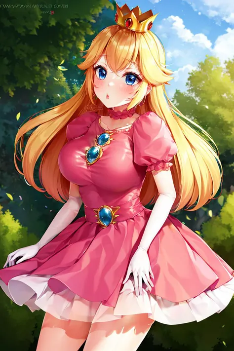 <lora:Puppypaww_Style:0.8>, (masterpiece, best quality), 1girl,    <lora:princesspeach-lora-nochekaiser:1> princess peach, blonde hair, blue eyes, long hair, crown, dress, gem, gloves, pink dress, puffy short sleeves, puffy sleeves, short sleeves, white gloves,