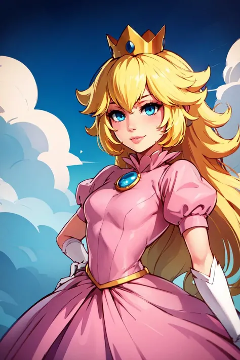 (masterpiece, best quality), 1girl, <lora:princesspeach-lora-nochekaiser:1> princess peach, blonde hair, blue eyes, smile, long hair, crown, dress, gem, gloves, pink dress, puffy short sleeves, puffy sleeves, short sleeves, white gloves,