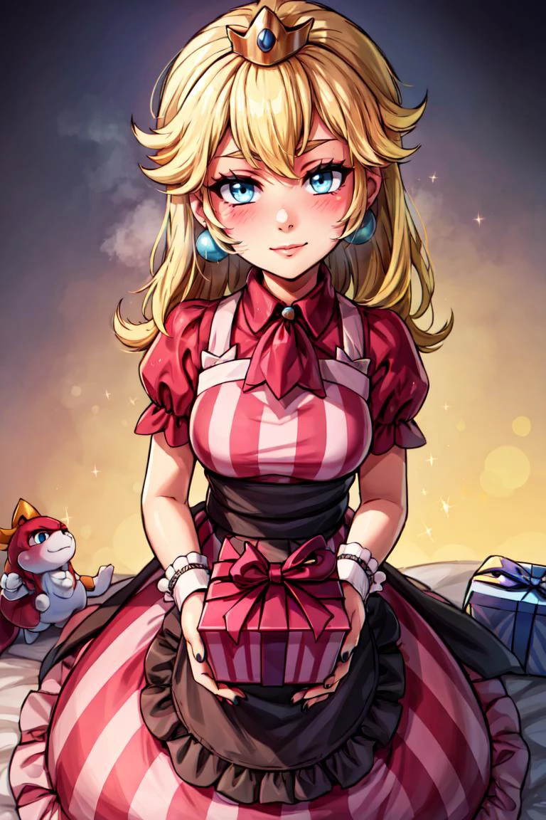 (masterpiece, best quality:1.2), solo, beautiful eyes, <lora:Palentines_2022:0.6>, smile, looking at viewer, <lora:princesspeach-lora-nochekaiser:1.2>, princess peach, long hair, blonde hair, blue eyes, blush, box, closed mouth, creatures (company), dress, earrings, eyelashes, game freak, gift, gift box, holding, holding gift, jewelry, looking at viewer, nail polish, nintendo, pink dress, red shirt, shirt, short sleeves, waist apron, wrist cuffs
