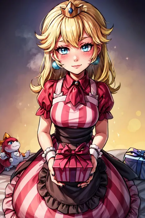 (masterpiece, best quality:1.2), solo,  beautiful eyes, <lora:Palentines_2022:0.6>,   smile, looking at viewer,  <lora:princesspeach-lora-nochekaiser:1.2>, princess peach, long hair, blonde hair, blue eyes,  blush, box, closed mouth, creatures (company), dress, earrings, eyelashes, game freak, gift, gift box,  holding, holding gift, jewelry, looking at viewer, nail polish, nintendo, pink dress, red shirt, shirt, short sleeves, waist apron, wrist cuffs