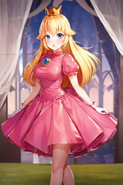 <lora:Puppypaww_Style:0.8>, (masterpiece, best quality), 1girl,    <lora:princesspeach-lora-nochekaiser:1> princess peach, blonde hair, blue eyes, long hair, crown, dress, gem, gloves, pink dress, puffy short sleeves, puffy sleeves, short sleeves, white gloves,