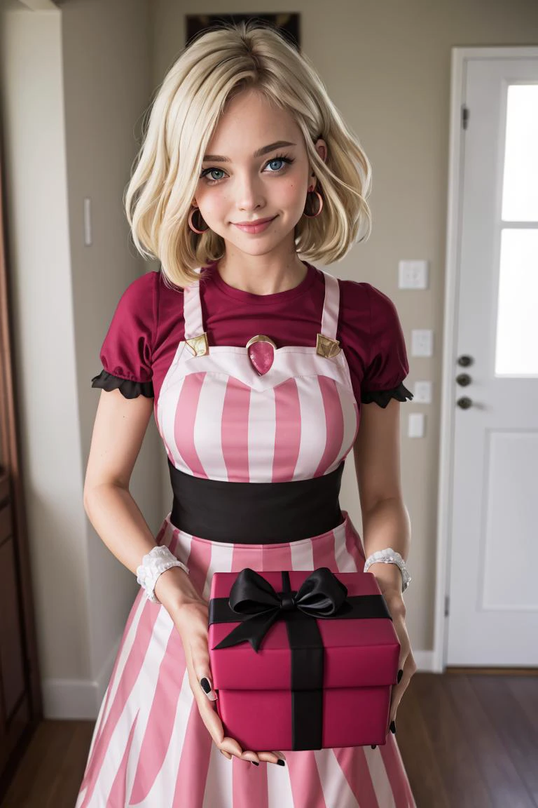 (masterpiece, best quality:1.2), solo, beautiful eyes, <lora:Palentines_2022:0.6>, smile, looking at viewer, <lora:princesspeach-lora-nochekaiser:1>, princess peach, blonde hair, blue eyes, blush, box, closed mouth, commentary request, creatures (company), dress, earrings, eyelashes, game freak, gift, gift box, holding, holding gift, jewelry, looking at viewer, nail polish, nintendo, pink dress, red shirt, shirt, short sleeves, waist apron, wrist cuffs