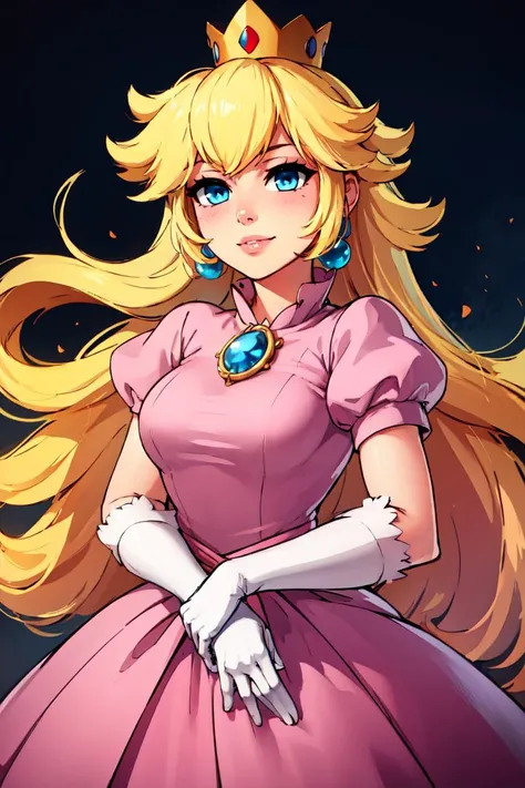 (masterpiece, best quality), 1girl, <lora:princesspeach-lora-nochekaiser:1> princess peach, blonde hair, blue eyes, smile, long hair, crown, dress, gem, gloves, pink dress, puffy short sleeves, puffy sleeves, short sleeves, white gloves,