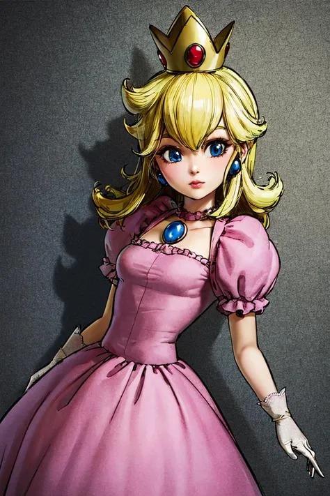 <lora:Toriyama_Akira_Style:0.8>, (masterpiece, best quality), 1girl, <lora:princesspeach-lora-nochekaiser:1> princess peach, blonde hair, blue eyes, long hair, crown, dress, gem, gloves, pink dress, puffy short sleeves, puffy sleeves, short sleeves, white gloves,