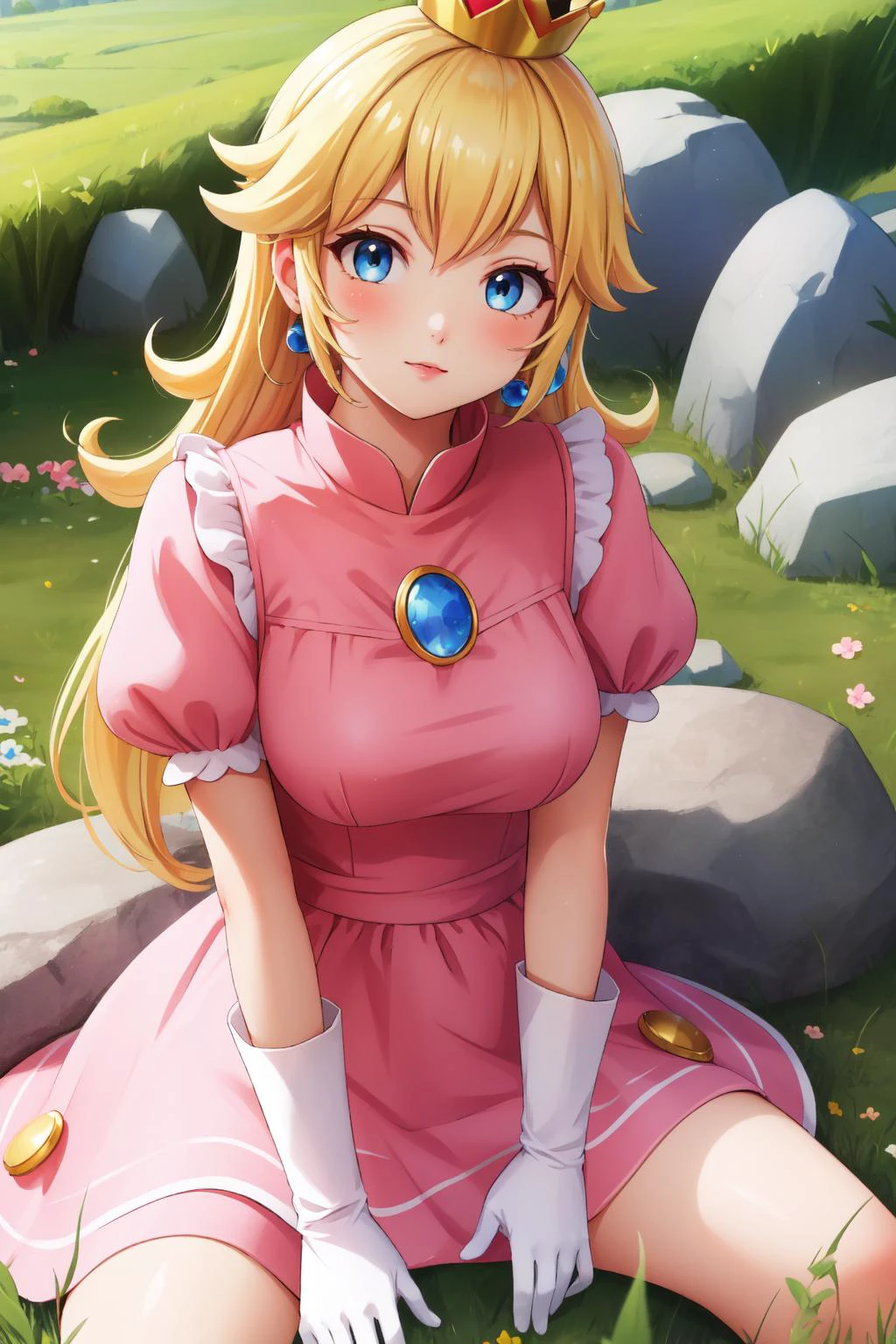 (masterpiece, best quality), intricate details,
1girl, <lora:princesspeach-lora-nochekaiser:0.8> princess peach, blonde hair, blue eyes, long hair,, crown, dress, gem, gloves, pink dress, puffy short sleeves, puffy sleeves, short sleeves, white gloves,
sitting, outdoors, sitting on rock, grass,