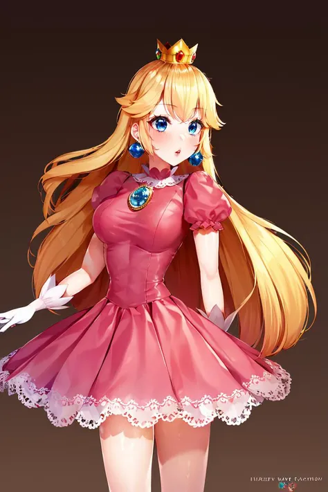 <lora:Puppypaww_Style:0.8>, (masterpiece, best quality), 1girl,    <lora:princesspeach-lora-nochekaiser:1> princess peach, blonde hair, blue eyes, long hair, crown, dress, gem, gloves, pink dress, puffy short sleeves, puffy sleeves, short sleeves, white gloves,