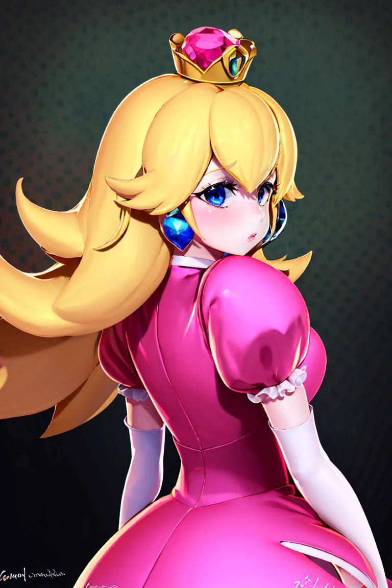 (masterpiece, best quality), 1girl, <lora:princesspeach-lora-nochekaiser:1> princess peach, blonde hair, blue eyes, long hair, crown, dress, gem, gloves, pink dress, puffy short sleeves, puffy sleeves, short sleeves, white gloves,