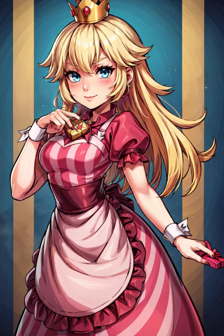 (masterpiece, best quality:1.2), solo, beautiful eyes, <lora:Palentines_2022:0.6>, smile, looking at viewer, <lora:princesspeach-lora-nochekaiser:1.2>, princess peach, crown, super crown, long hair, blonde hair, blue eyes, blush, box, closed mouth, creatures (company), dress, earrings, eyelashes, game freak, gift, gift box, holding, holding gift, jewelry, looking at viewer, nail polish, nintendo, pink dress, red shirt, shirt, short sleeves, waist apron, wrist cuffs