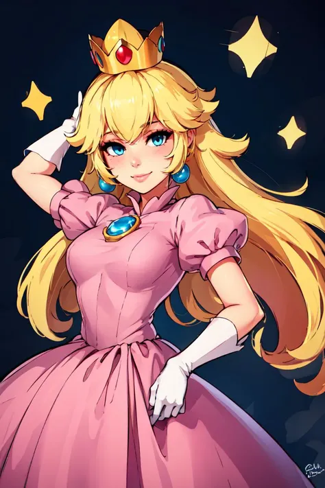 (masterpiece, best quality), 1girl, <lora:princesspeach-lora-nochekaiser:1> princess peach, blonde hair, blue eyes, smile, long hair, crown, dress, gem, gloves, pink dress, puffy short sleeves, puffy sleeves, short sleeves, white gloves,