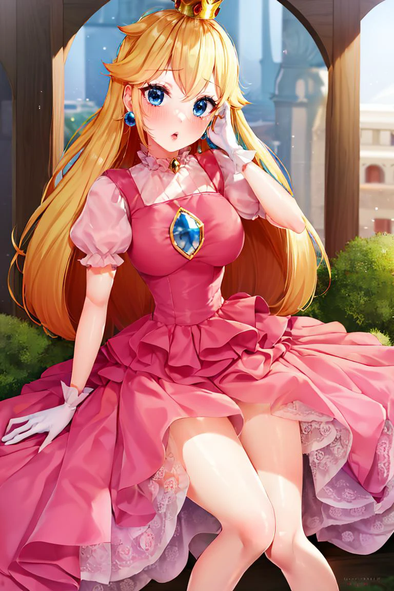 <lora:Puppypaww_Style:0.8>, (masterpiece, best quality), 1girl, <lora:princesspeach-lora-nochekaiser:1> princess peach, blonde hair, blue eyes, long hair, crown, dress, gem, gloves, pink dress, puffy short sleeves, puffy sleeves, short sleeves, white gloves,