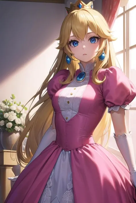 princesspeach, <lyco:princesspeach-lyco-nochekaiser:1>,
princess peach, blonde hair, blue eyes, long hair,
BREAK crown, dress, gem, gloves, pink dress, puffy short sleeves, puffy sleeves, short sleeves, white gloves,
BREAK indoors,
BREAK looking at viewer, (cowboy shot:1.5),
BREAK <lyco:GoodHands-beta2:1>, (masterpiece:1.2), best quality, high resolution, unity 8k wallpaper, (illustration:0.8), (beautiful detailed eyes:1.6), extremely detailed face, perfect lighting, extremely detailed CG, (perfect hands, perfect anatomy),