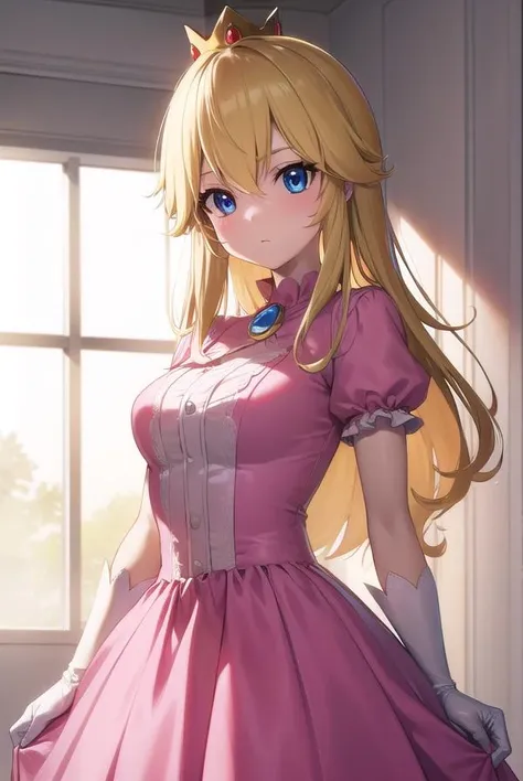 princesspeach, <lora:princesspeach-lora-nochekaiser:1>,
princess peach, blonde hair, blue eyes, long hair,
BREAK crown, dress, gem, gloves, pink dress, puffy short sleeves, puffy sleeves, short sleeves, white gloves,
BREAK indoors,
BREAK looking at viewer, (cowboy shot:1.5),
BREAK <lyco:GoodHands-beta2:1>, (masterpiece:1.2), best quality, high resolution, unity 8k wallpaper, (illustration:0.8), (beautiful detailed eyes:1.6), extremely detailed face, perfect lighting, extremely detailed CG, (perfect hands, perfect anatomy),
