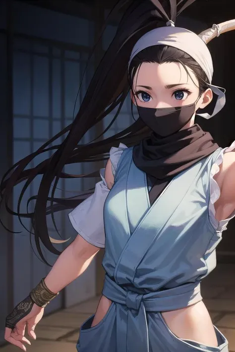 ibuki, <lyco:ibuki-lyco-nochekaiser:1>,
ibuki, (black eyes:1.5), black hair, long hair, ponytail,
BREAK bandages, bandana, covered mouth, fingerless gloves, gloves, half mask, hip vent, japanese clothes, mask, mouth mask, ninja,
BREAK indoors,
BREAK looking at viewer, (cowboy shot:1.5),
BREAK <lyco:GoodHands-beta2:1>, (masterpiece:1.2), best quality, high resolution, unity 8k wallpaper, (illustration:0.8), (beautiful detailed eyes:1.6), extremely detailed face, perfect lighting, extremely detailed CG, (perfect hands, perfect anatomy),