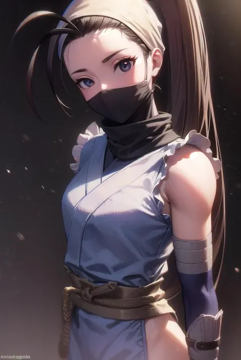 1girl, solo, female fighter, dragon quest 3, bandage on face, green dress, strapless dress, hair ornaments, sash, orange neckerchief, black fingerless gloves, short hair, black hair, short twintails, bangs, small breasts, sexy, masterpiece quality, intricate detail, 4k resolution, ultra hd