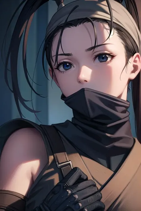 ibuki, <lyco:ibuki-lyco-nochekaiser:1>,
ibuki, (black eyes:1.5), black hair, long hair, ponytail,
BREAK bandages, bandana, covered mouth, fingerless gloves, gloves, half mask, hip vent, japanese clothes, mask, mouth mask, ninja,
BREAK indoors,
BREAK looking at viewer, (cowboy shot:1.5),
BREAK <lyco:GoodHands-beta2:1>, (masterpiece:1.2), best quality, high resolution, unity 8k wallpaper, (illustration:0.8), (beautiful detailed eyes:1.6), extremely detailed face, perfect lighting, extremely detailed CG, (perfect hands, perfect anatomy),