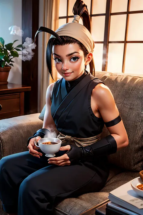 ibuki, black eyes, long black ponytail, ahoge, ninja, grey japanese clothes, bandages, bandana, fingerless gloves, hip vent, looking at viewer, smiling, sitting, on sofa, inside cozy living room, holding a tea cup, steam, warm ambiance, high quality, masterpiece,  <lora:ibuki-lyco-nochekaiser:.8>