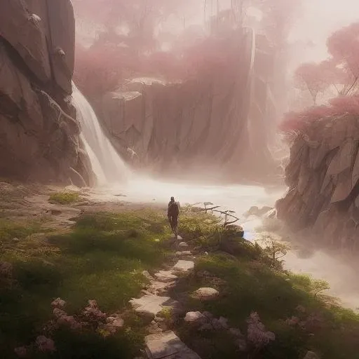 A matte painting of a path or trail leading to a massive waterfall beside an abandoned brutalist building
on top of a mountain deep in the woods, soviet era brutalist architecture, fields of flowerbeds of tiny pink flowers,
peeled off paint on concrete, featured on Artstation
by (Wadim Kashin:1.2), brush strokes discodifland