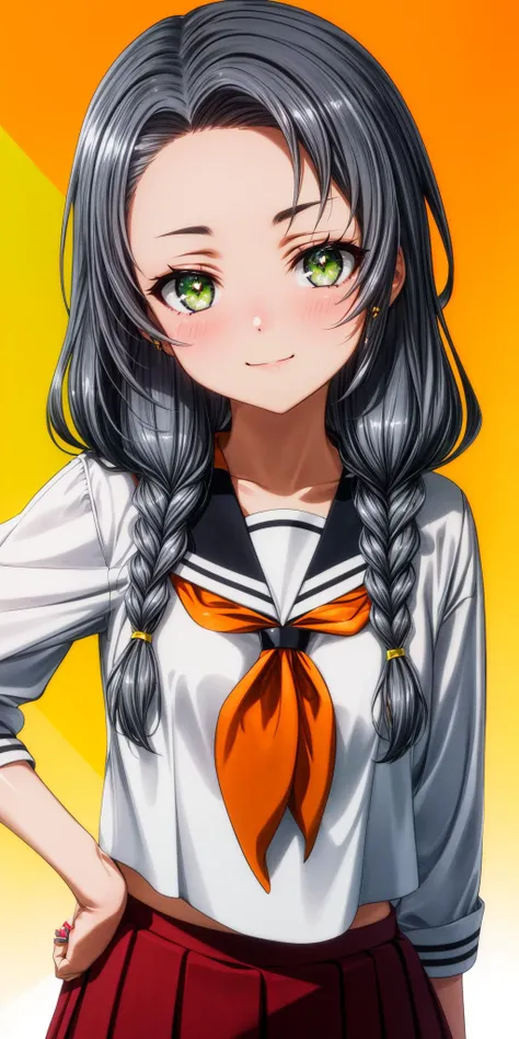 (masterpiece), best quality, (((ultra detailed, 8k quality))), expressive eyes, perfect face, perfect anatomy, perfect body, scene, <lora:scene_:0.7>, <lora:more_details:0.7>, <lora:beautiful_detailed_eyes:0.5>, <lora:GoodHands-beta2:0.7>, <lora:give_it_a_name:0.7>,
, KaburagiMinami, 1girl, closed mouth, light smile, grey hair, green eyes, twin braids, forehead, serafuku, orange neckerchief, red skirt, pantyhose, standing, looking at viewer <lora:HighSchoolFleet_KaburagiMinami_1:0.9>