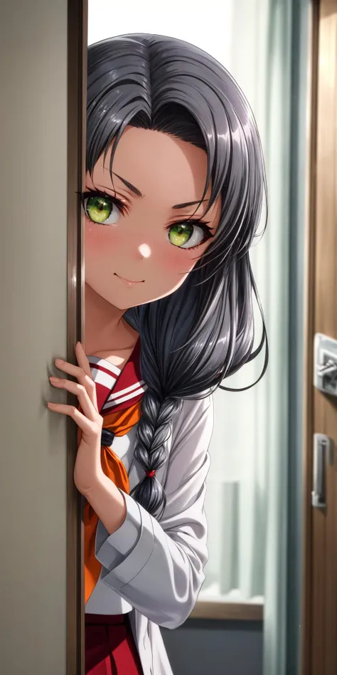 (masterpiece), best quality, (((ultra detailed, 8k quality))), expressive eyes, perfect face, perfect anatomy, perfect body, scene, <lora:scene_:0.7>, <lora:more_details:0.7>, <lora:beautiful_detailed_eyes:0.5>, <lora:GoodHands-beta2:0.7>, <lora:give_it_a_name:0.7>,
, KaburagiMinami, 1girl, closed mouth, light smile, grey hair, green eyes, twin braids, forehead, serafuku, labcoat, orange neckerchief, red skirt, pantyhose, standing, looking at viewer <lora:HighSchoolFleet_KaburagiMinami_1:0.9>
infirmary, curtains, hospital bed, <lora:peeking_out_upper_body_pruned:1.2>, peeking out upper body, opening door, glaring