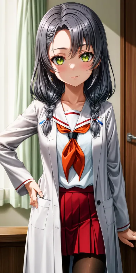 (masterpiece), best quality, (((ultra detailed, 8k quality))), expressive eyes, perfect face, perfect anatomy, perfect body, scene, <lora:scene_:0.7>, <lora:more_details:0.7>, <lora:beautiful_detailed_eyes:0.5>, <lora:GoodHands-beta2:0.7>, <lora:give_it_a_name:0.7>,
, KaburagiMinami, 1girl, closed mouth, light smile, grey hair, green eyes, twin braids, forehead, serafuku, labcoat, orange neckerchief, red skirt, pantyhose, standing, looking at viewer <lora:HighSchoolFleet_KaburagiMinami_1:0.9>
infirmary, curtains, hospital bed, sit