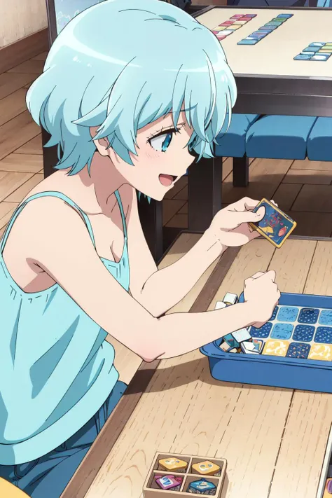 <lora:0020HSCtakekasamiki:1>,takekasamiki,1girl,playing_games,board game,:d,