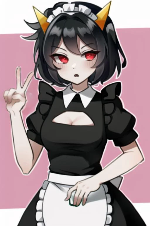 <lora:terezi-20:0.7> terezi, maid, maid costume, red eyes, peace sign