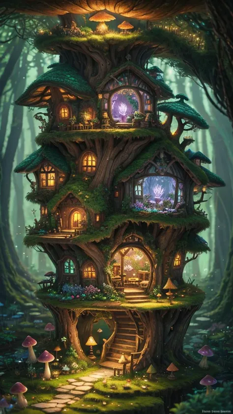 An enchanting and highly detailed illustration of a hidden fairy village in an ancient forest, with miniature houses, glowing mushrooms, and fairies going about their daily lives, 8K UHD, Octane render, in the style of style-nebula