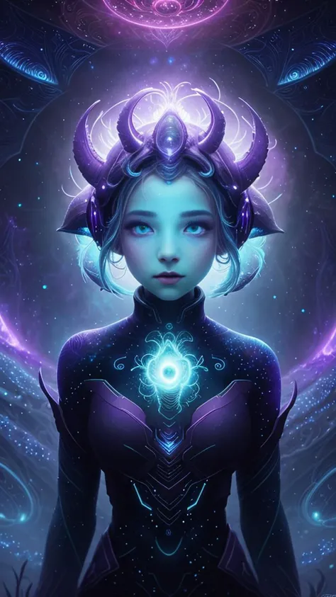 eldritchtech,cosmic, dark energy,
scifi,scholar , scroll, 1girl,long hair, colored skin, glowing eyes, smirk ,closed mouth, fluorescence effects