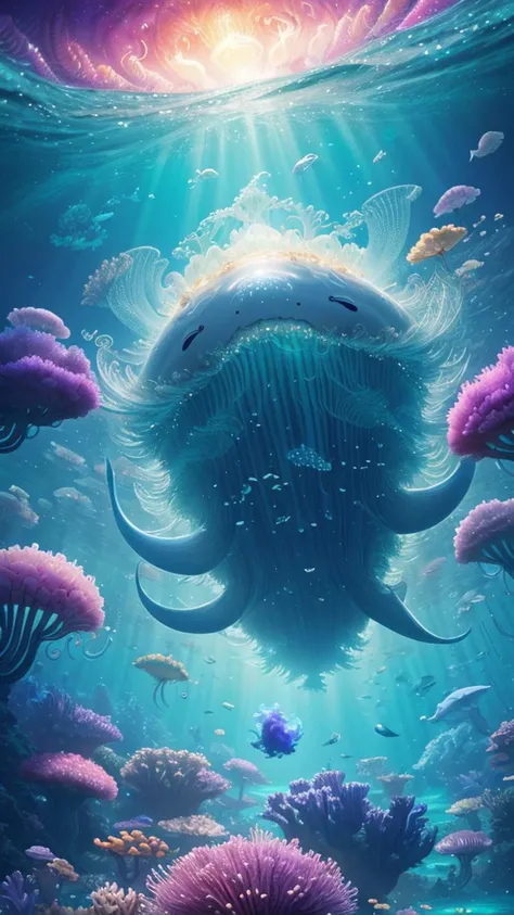 A surreal and dreamlike underwater scene featuring a giant whale gliding gracefully through a vast ocean, surrounded by an ethereal school of glowing jellyfish, 4K, Octane render, in the style of style-nebula.