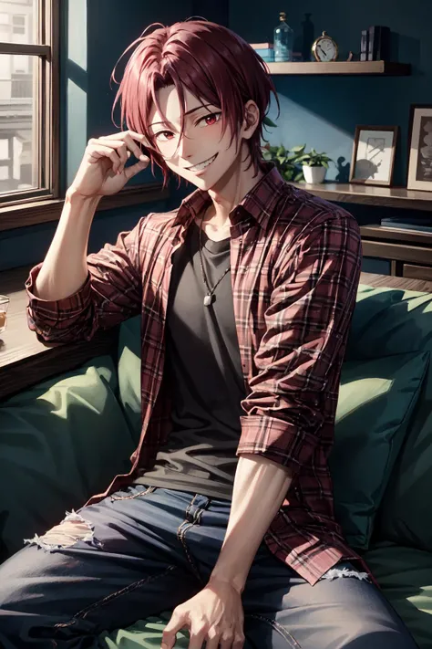 matsuoka rin\(free!\), solo, 1boy, looking at viewer, male focus, red hair, purple hair, grin, red eyes, plaid shirt, grey shirt, indoors,