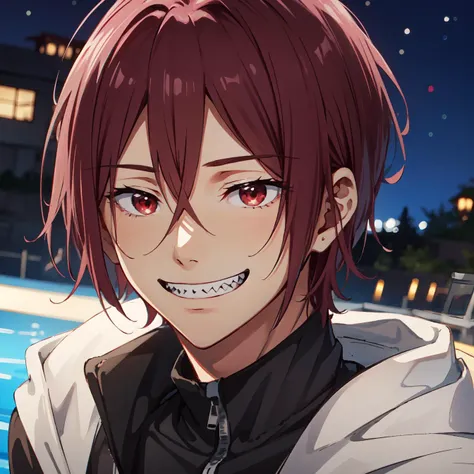 matsuoka rin\(free!\), solo, 1boy, looking at viewer, male focus, red hair, purple hair, hair between eyes, grin, red eyes, sharp teeth, close-up,