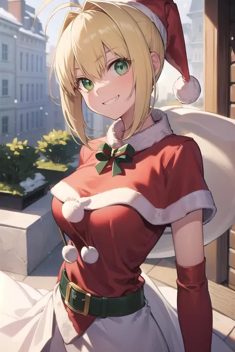 fgonero, <lyco:nero-lyco-nochekaiser:1>,
nero, ahoge, blonde hair, (green eyes:1.5), hair between eyes, hair intakes, smile, grin,
BREAK (santa costume:1.5), santa hat, christmas hat,
BREAK looking at viewer,
BREAK outdoors, snow,
BREAK <lyco:GoodHands-beta2:1>, (masterpiece:1.2), best quality, high resolution, unity 8k wallpaper, (illustration:0.8), (beautiful detailed eyes:1.6), extremely detailed face, perfect lighting, extremely detailed CG, (perfect hands, perfect anatomy),