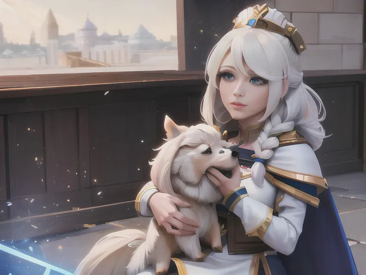 high quality, particles,jaina proudmoore,  best quality, masterpiece, 1girl, cozy, lady-jaina,single braid, multicolored hair, athletic, white dress, blue armor, happy lady-jaina (playing with yorkshire terrier,small cute yorkshire terrier, petting a yorkshire terrier, looking at yorkshire terrier:1.3) <lora:sxzJainaProudmoore_sxzJaina:0.6>