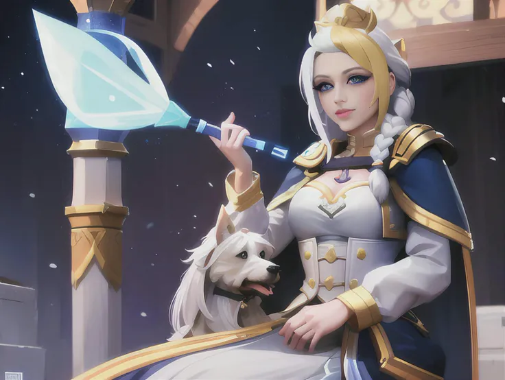 high quality, particles,jaina proudmoore,  best quality, masterpiece, 1girl, cozy, lady-jaina,single braid, multicolored hair, athletic, white dress, blue armor, happy lady-jaina playing with yorkshire terrier,small cute yorkshire terrier, petting a yorkshire terrier, looking at yorkshire terrier, <lora:sxzJainaProudmoore_sxzJaina:0.8>