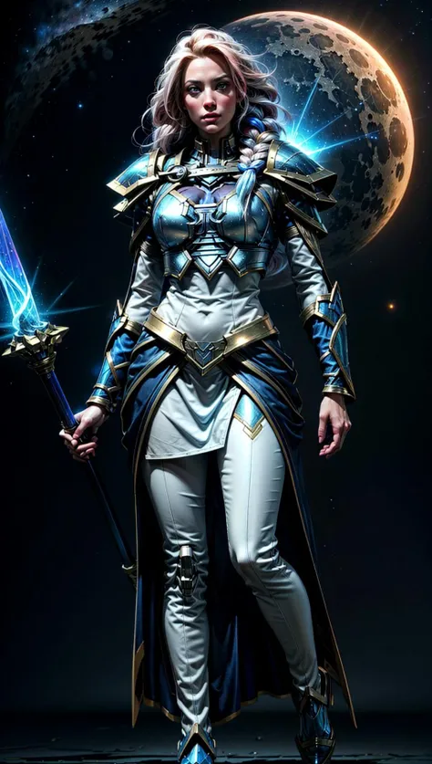 (8k,best quality, masterpiece:1.2),physically-based rendering,tyndall effect,surface reflection,metallic luster,looking at viewer,Eye Level,
<lora:add_detail:1>,((Mecha:1.1)),beautiful lady jaina,1girl, full body,solo,(glowing),redarmor,planet,space,moon,single braid, multicolored hair, athletic, white dress, blue armor, mage staff,
<lora:StealthMecha:0.5>, <lora:sxz-jaina:0.7>
