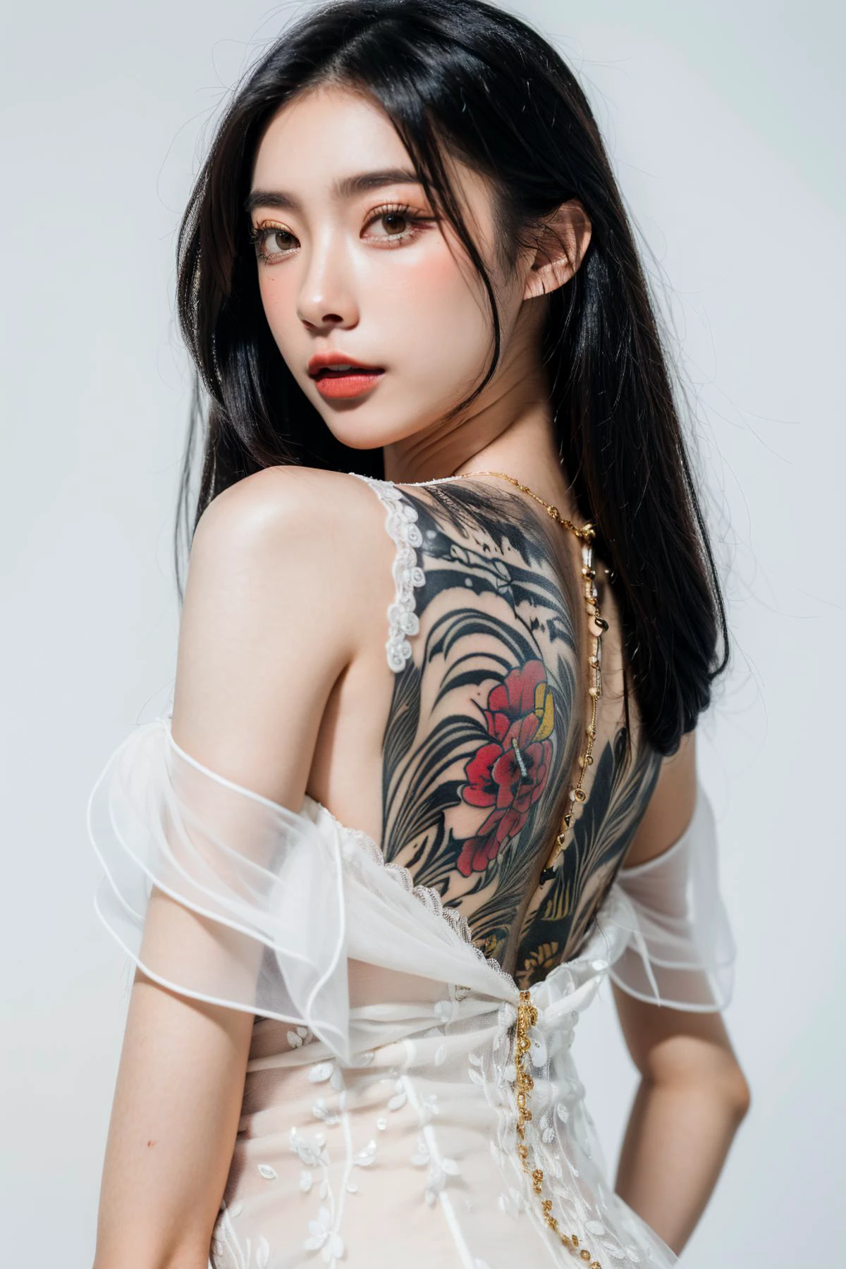 ((masterpiece), (best quality), ultra high res, (raw photo:1.2), (photorealistic:1.4), Exceptional detail, dramatic lighting, highres, 8k, absurdres, solo, (plain background:1.8), (white background:1.7),simple background,((close up)), portrait,
CN Girl5, 1girl, (see-through:1.3),bare shoulders, wedding dress, off shoulder, piercing, long hair, solo, black hair, navel, tattoo, nipples, golden accessories, necklace, golden hair ornament, looking at viewer, medium breasts, ((from back)),
<lora:CN_Girl4_v2-000010:0.6>, style-bridal