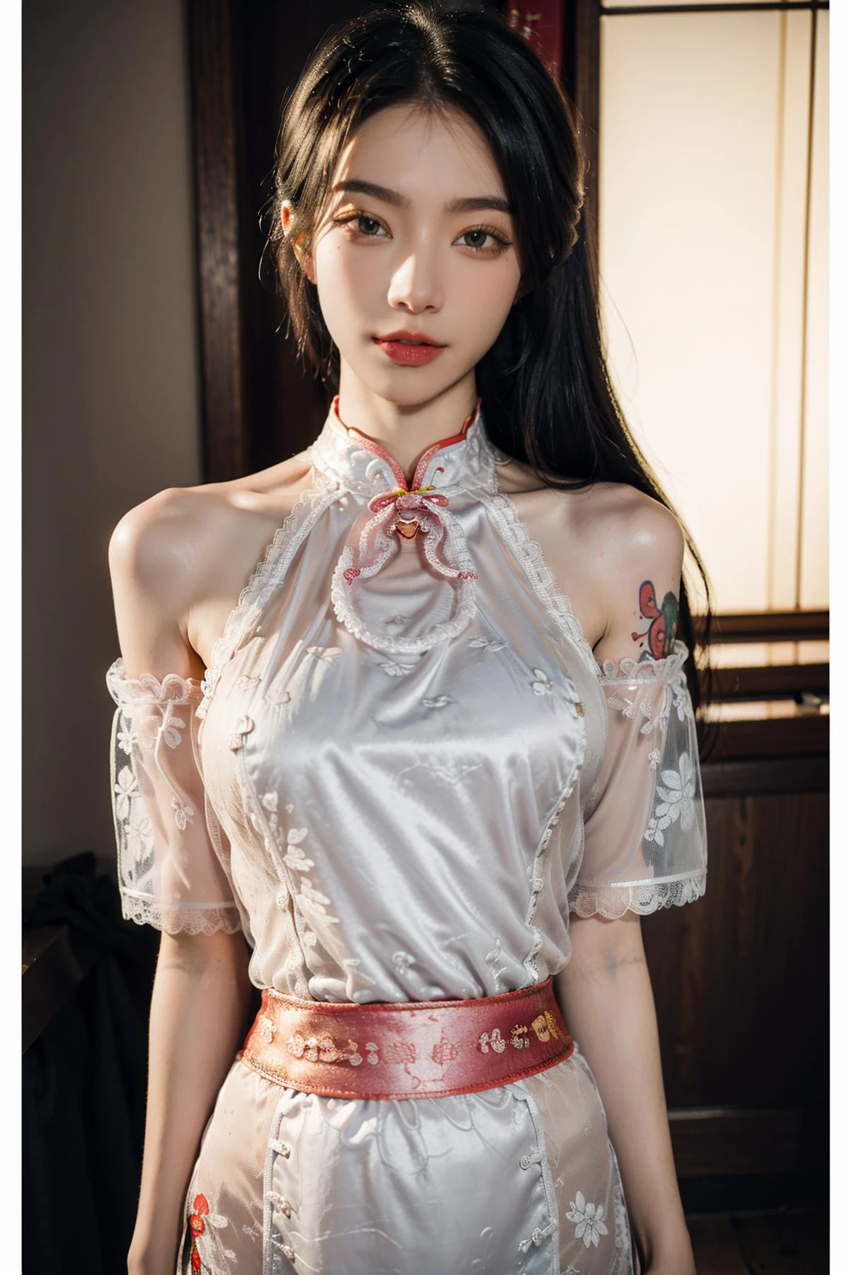 ((masterpiece), (best quality), ultra high res, (raw photo:1.2), (photorealistic:1.4), Exceptional detail, dramatic lighting, highres, 8k, absurdres, nsfw, ((sex)), cowboy shot,
CN Girl5, 1girl, (see-through:1.3),bare shoulders, ({Sexy lace ultra-short cheongsam|Halter lace cheongsam}:1.5), piercing, navel piercing, long hair, solo, black hair, navel, tattoo, nipples, golden accessories, necklace, golden hair ornament, looking at viewer, medium breasts, Japanese ancient building,
<lora:CN_Girl4_v2-000010:0.6>, <lora:gufenqq(70):0.75>