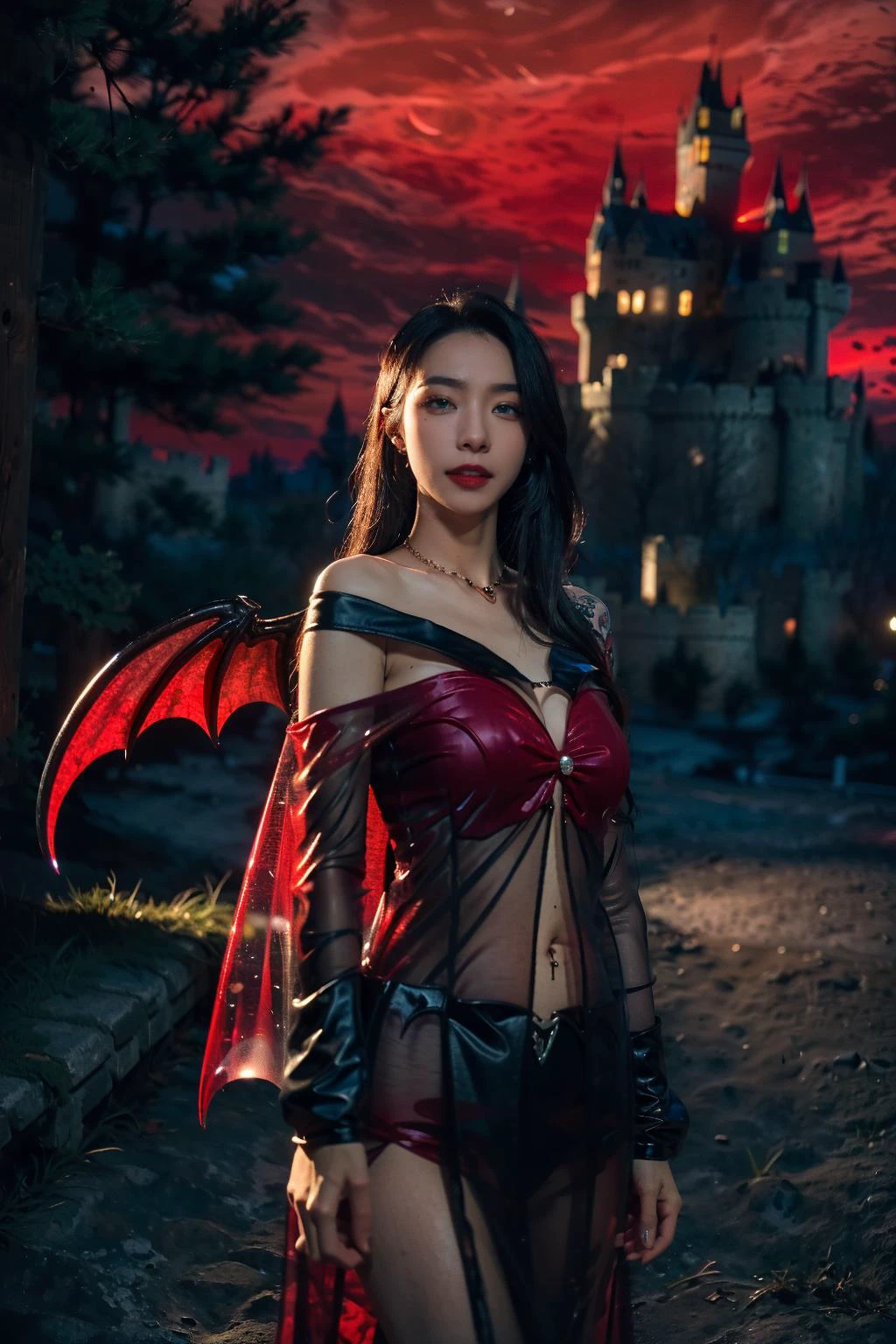 ((masterpiece), (best quality), ultra high res, (raw photo:1.2), (photorealistic:1.4), Exceptional detail, dramatic lighting, highres, 8k, absurdres, solo, portrait, dark theme, pitch dark, (red sky:1.4), red moon, ((full moon)), (vampire wings:1.5), forest, tall trees, rocky path, standing, ((vampire)), (castle:1.6),
CN Girl5, 1girl, (see-through:1.3),((blue eyes)), long hair, black hair, bare shoulders, off shoulder, piercing, solo, black hair, navel, dark red accessories, necklace, vampire black cape, looking at viewer, medium breasts,
<lora:LowRA:0.8> , <lora:CN_Girl4_v2-000010:0.55>